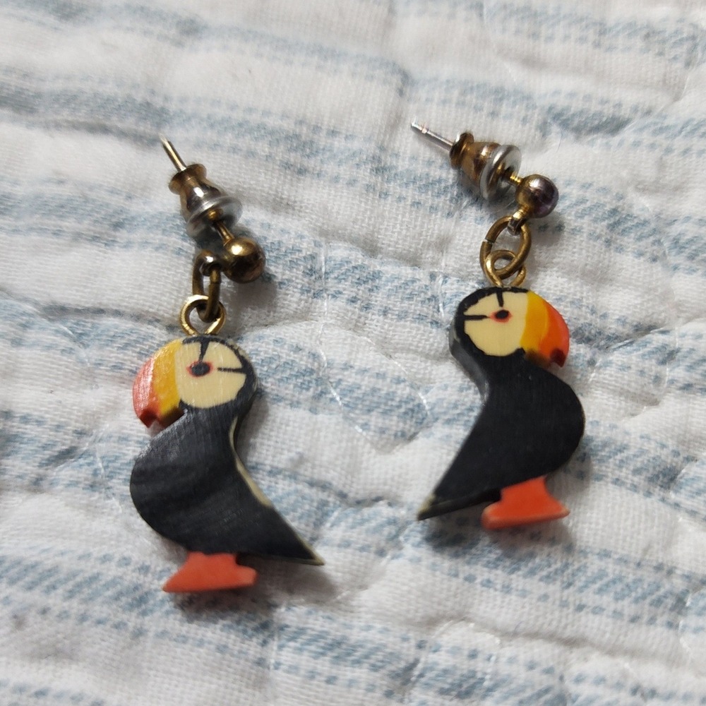 Hand Painted Puffin Bird Drop Earrings Whimsical Animal Jewelry Black
